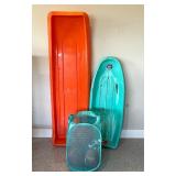 Lot of 2 Sleds, 2 Basketballs, Football, Soccer Ball, and Laundry Hamper