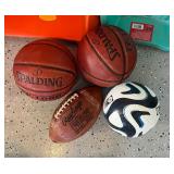 Lot of 2 Sleds, 2 Basketballs, Football, Soccer Ball, and Laundry Hamper