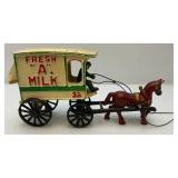 Vintage Heavy Cast Metal Milk Wagon With Horse 6" x 11"