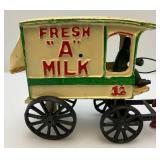 Vintage Heavy Cast Metal Milk Wagon With Horse 6" x 11"