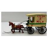Vintage Heavy Cast Metal Milk Wagon With Horse 6" x 11"