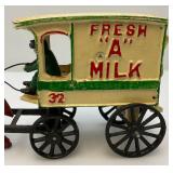 Vintage Heavy Cast Metal Milk Wagon With Horse 6" x 11"