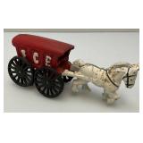 Vintage Heavy Cast Metal Ice Wagon With Horse 3" x 7"