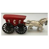 Vintage Heavy Cast Metal Ice Wagon With Horse 3" x 7"