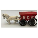 Vintage Heavy Cast Metal Ice Wagon With Horse 3" x 7"