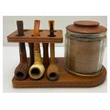 Vintage Wooden Pipe Stand With Tobacco Jar & Pipes