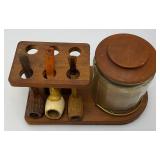 Vintage Wooden Pipe Stand With Tobacco Jar & Pipes
