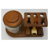 Vintage Wooden Pipe Stand With Tobacco Jar & Pipes