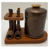 Vintage Wooden Pipe Stand With Tobacco Jar & Pipes