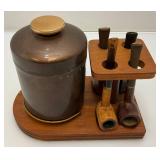 Vintage Wooden Pipe Stand With Tobacco Jar & Pipes