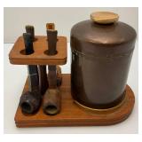 Vintage Wooden Pipe Stand With Tobacco Jar & Pipes