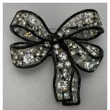 Kenneth Jay Lane Black And Clear Bow Pin Brooch In Velvet Box 2 3/4" x 2 3/4"
