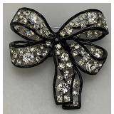 Kenneth Jay Lane Black And Clear Bow Pin Brooch In Velvet Box 2 3/4" x 2 3/4"