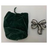 Kenneth Jay Lane Black And Clear Bow Pin Brooch In Velvet Box 2 3/4" x 2 3/4"