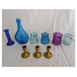 Collection of Colored Glass Vessels and Brass Candle Holders