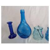 Collection of Colored Glass Vessels and Brass Candle Holders