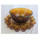 Amber Glass Punch Bowl Set with Cups and Ladle