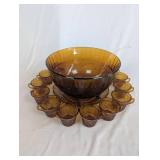 Amber Glass Punch Bowl Set with Cups and Ladle