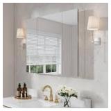 WELLFOR ROSA 40 in. W x 30 in. H Rectangular Aluminum Tri-View Medicine Cabinet with Mirror, Blum Hinge, Adjustable Shelves Customer Returns See Pictures WELLFOR ROSA 40 in. W x 30 in. H Rectangular Aluminum Tri-View Medicine Cabinet with Mirror, Blum Hinge, Adjustable Shelves Customer Returns See Pictures