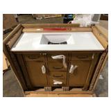 Home Decorators Collection Bellington 42 in. Single Sink Almond Toffee Bath Vanity with White Engineered Stone Top (Assembled)  Customer Returns See Pictures Home Decorators Collection Bellington 42 in. Single Sink Almond Toffee Bath Vanity with White Engineered Stone Top (Assembled)  Customer Returns See Pictures