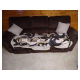 Brown La-Z-Boy Upholstered Sofa w/ Reclining Ends, Wool Blanket & Pillows Brown La-Z-Boy Upholstered Sofa w/ Reclining Ends, Wool Blanket & Pillows