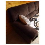 Brown La-Z-Boy Upholstered Sofa w/ Reclining Ends, Wool Blanket & Pillows Brown La-Z-Boy Upholstered Sofa w/ Reclining Ends, Wool Blanket & Pillows