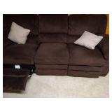 Brown La-Z-Boy Upholstered Sofa w/ Reclining Ends, Wool Blanket & Pillows Brown La-Z-Boy Upholstered Sofa w/ Reclining Ends, Wool Blanket & Pillows