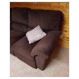 Brown La-Z-Boy Upholstered Sofa w/ Reclining Ends, Wool Blanket & Pillows Brown La-Z-Boy Upholstered Sofa w/ Reclining Ends, Wool Blanket & Pillows