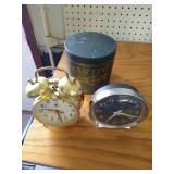 (2) Wind-Up Clocks & Vintage Tin (2) Wind-Up Clocks & Vintage Tin