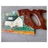 (2) Vintage Pictures & Painted Saw (2) Vintage Pictures & Painted Saw