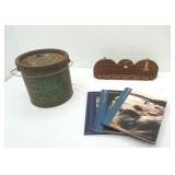 Vintage Galvanized Minnow Bucket, Rod Holder Shelf, Fishing Books
