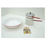 Vintage Enamelware with Red Trim, Wash Pan & Double Boiler