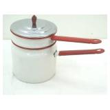 Vintage Enamelware with Red Trim, Wash Pan & Double Boiler