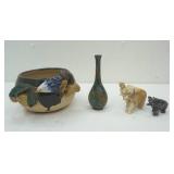 Vintage Bird & Pear Tree Pottery Bowl, Vintage Japanese Bronze Bud Vase, Onyx Elephants