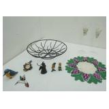 Decor Lot: Vintage Leprechaun Figurines, Hummingbirds, Iron Angel, Grape Cluster Doily