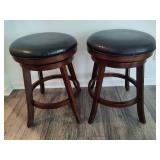 Two Round Swivel Bar Stools w/Black Faux Leather Seats