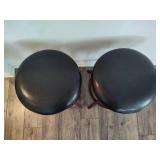 Two Round Swivel Bar Stools w/Black Faux Leather Seats