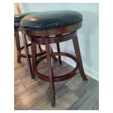 Two Round Swivel Bar Stools w/Black Faux Leather Seats