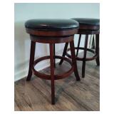 Two Round Swivel Bar Stools w/Black Faux Leather Seats
