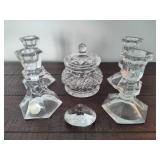 Lead Crystal Candlestick Holders, Candy Dish & Small Paperweight