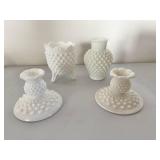 White Hobnail Milk Glass Candle Holders and Vases