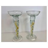 Vintage Hand Blown Stuart Yellow Twist Pillar Candle Holders