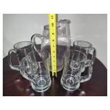 Four Heavy Glass Beer Mugs & Clear Glass Pitcher