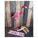 Metal Standing Flamingo, Flamingo Road sign, and wooden Décor