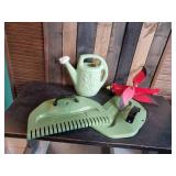 Thexceptional Leaf Rake new, Vintage Cardinal whirligig, and Watering Can