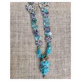 Vintage Butterfly Fetish Agate and Turquoise Drop Pendant Necklace