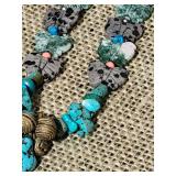 Vintage Butterfly Fetish Agate and Turquoise Drop Pendant Necklace