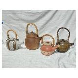 Charming Earthenware Teapot Group with Bamboo Handles
