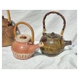 Charming Earthenware Teapot Group with Bamboo Handles