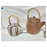 Charming Earthenware Teapot Group with Bamboo Handles